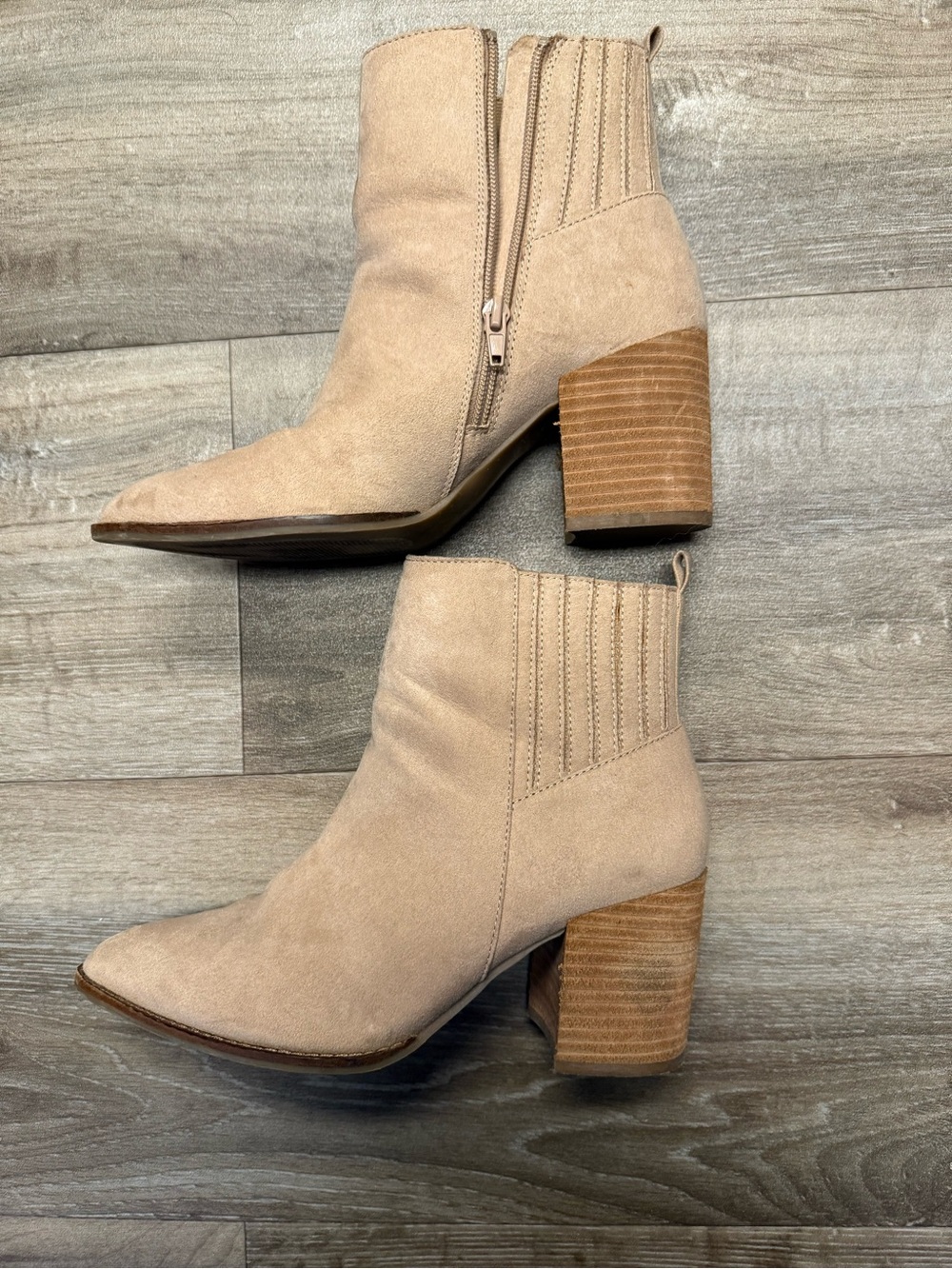 Steve Madden Taupe Suede Stacked Block Heel Ankle Boots